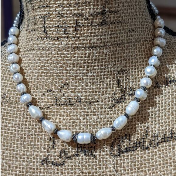 Vintage Freshwater Pearl 925 Sterling Silver Bali Bead Byzantine Hook Clasp - Picture 1 of 12